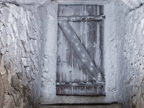 Vieille Porte Bois Sous Sol Est Couverte Givre — Photo