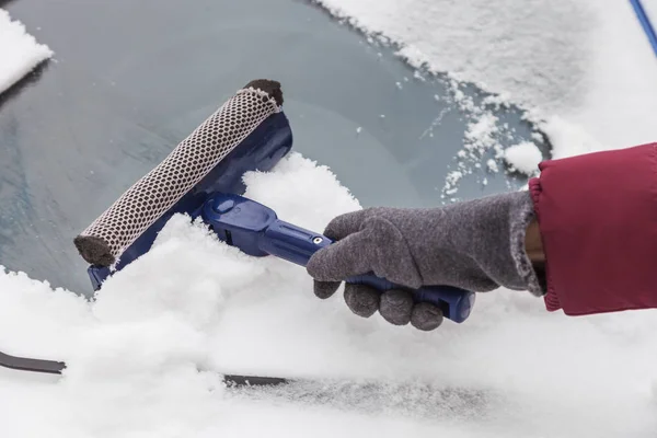 Cleaning Windshield Car Snow Ice Scraper Winter — Stock Photo, Image