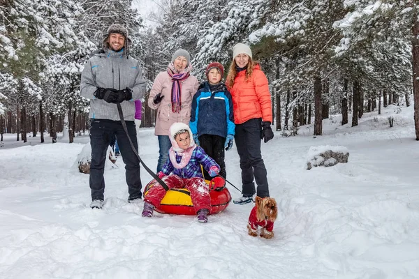 Family Walk Winter Forest Grandmother Dad Mom Son Daughter Dog — Stock Photo, Image