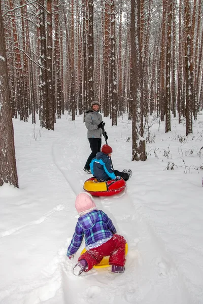 Father Children Walk Winter Forest — Stock Photo, Image