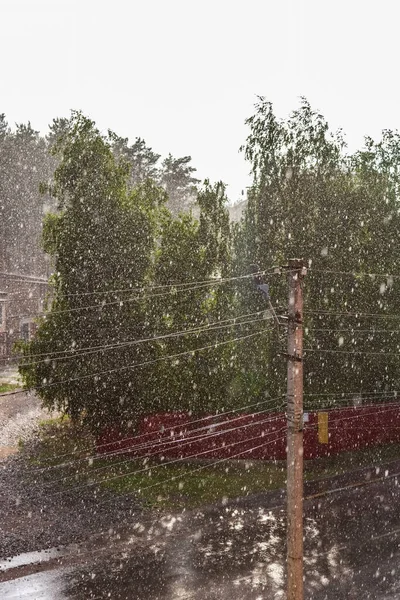 Chuva Pesada Cidade Gotas Chuva Voam Linha Energia Árvores Fundo — Fotografia de Stock