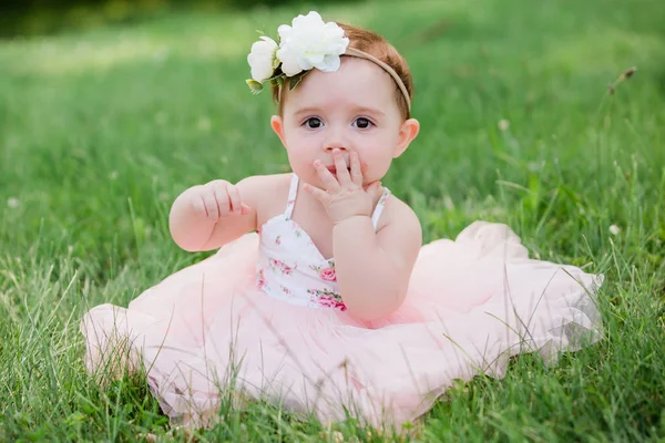 Nettes Einjähriges Kaukasisches Mädchen Gras Einem Rosafarbenen Sommerkleid Und Floralem — Stockfoto