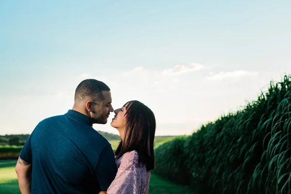 A happy young and in love engaged couple having an intimate moment outside. Kissing by farm field at sunset in summer.