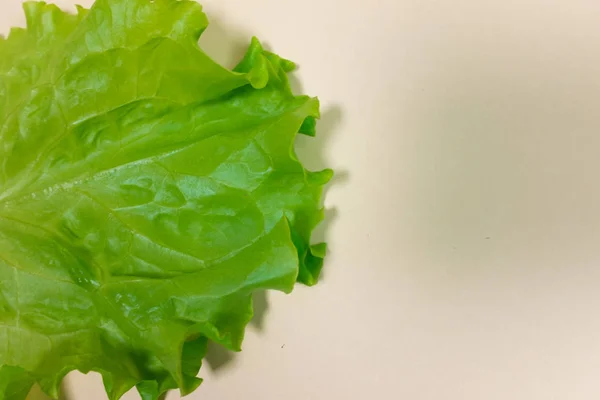 Zár Megjelöl Kilátás Zöld Saláta Levél Világos Barna Háttér — Stock Fotó