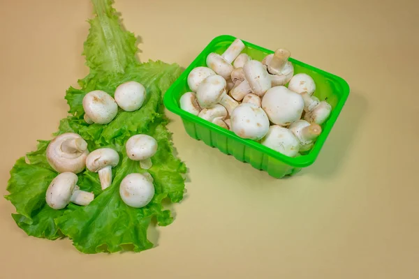 Vista Perto Cogumelos Champignon Frescos Recipiente Plástico Folhas Alface Verde — Fotografia de Stock