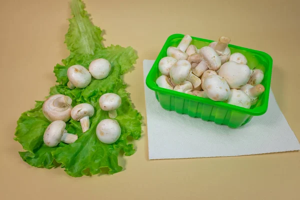 Vista Perto Cogumelos Champignon Frescos Recipiente Plástico Folhas Alface Verde — Fotografia de Stock