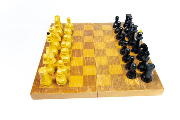 Chess Board Black Yellow Chess Pieces Isolated White Background — Stock Photo, Image