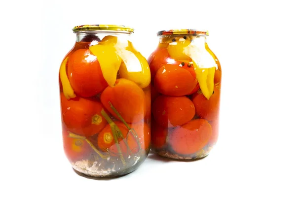 Smaczne Pomidory Puszkach Pomidory Słoiku Przezroczyste Seria — Zdjęcie stockowe