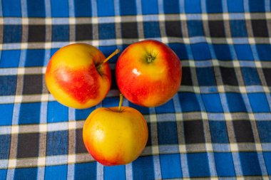 Damalı masa örtüsü üzerinde taze olgun elma
