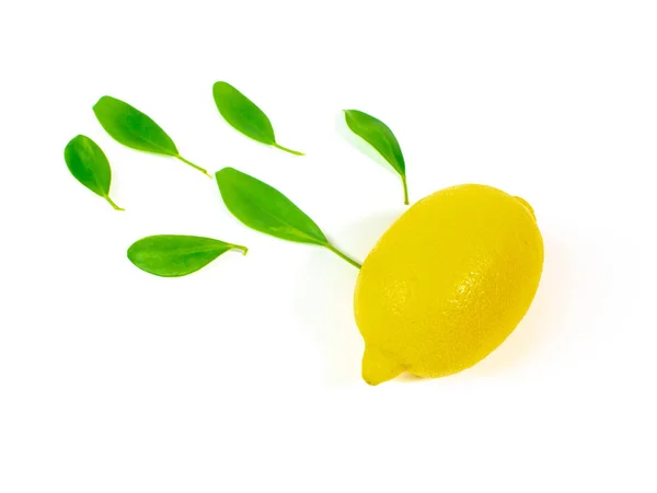 Citron Aux Feuilles Vertes Sur Fond Blanc Tranches Citron — Photo