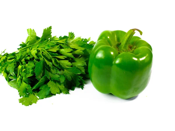 Pimiento Verde Manojo Perejil Aislado Sobre Fondo Blanco — Foto de Stock