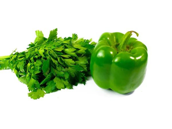 Pimiento Verde Manojo Perejil Aislado Sobre Fondo Blanco — Foto de Stock