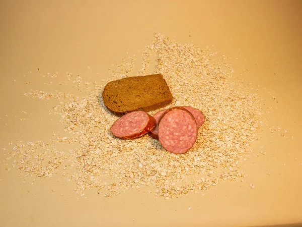 Morceau Pain Des Tranches Saucisse Avoine — Photo