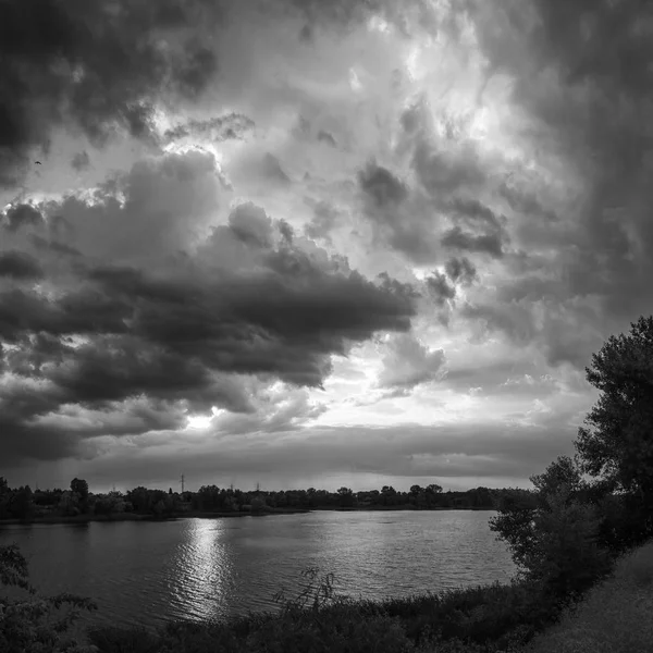 Black White Image Dark Stormy Clouds Lake — Stock Photo, Image