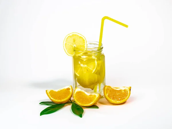 Sliced Orange Fruit Lemonade Glass Jar White Background — Stock Photo, Image