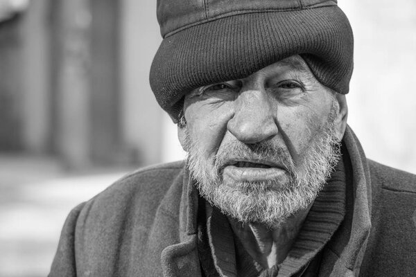 black and white tramp photo, homeless hungry man