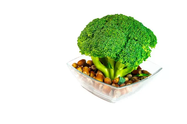 Green Broccoli Hazelnuts Glass Bowl Isolated White Background — Stock Photo, Image