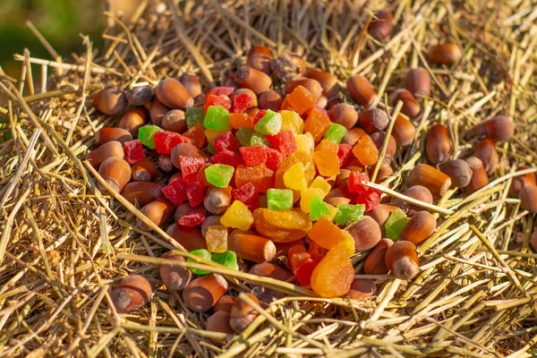 Close View Hazelnuts Candied Fruit Haystack — Stock Photo, Image