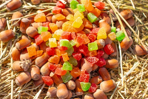 Close View Hazelnuts Candied Fruit Haystack — Stock Photo, Image