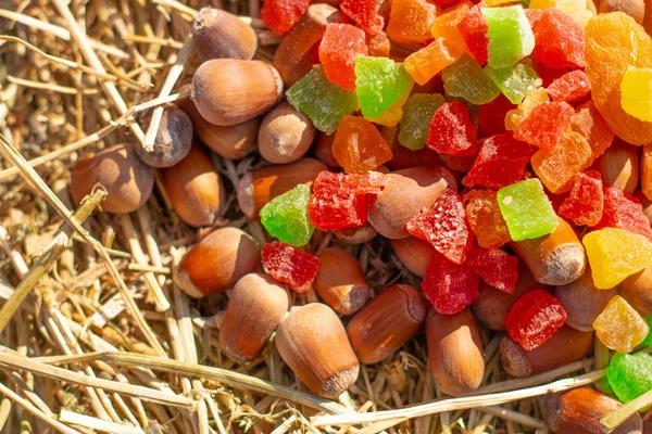 Vista Perto Avelãs Frutas Cristalizadas Palheiro — Fotografia de Stock