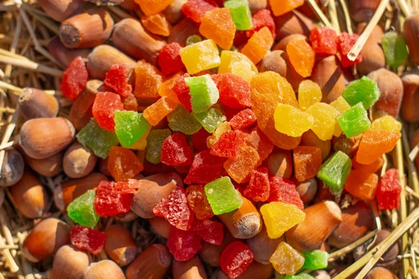 Vista Perto Avelãs Frutas Cristalizadas Palheiro — Fotografia de Stock