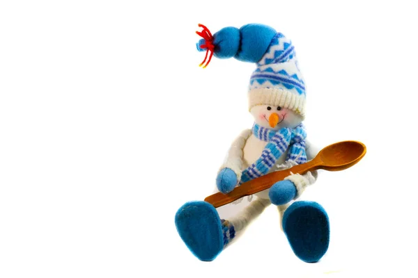 Speelgoed Sneeuwpop Met Houten Lepel Geïsoleerd Witte Achtergrond — Stockfoto