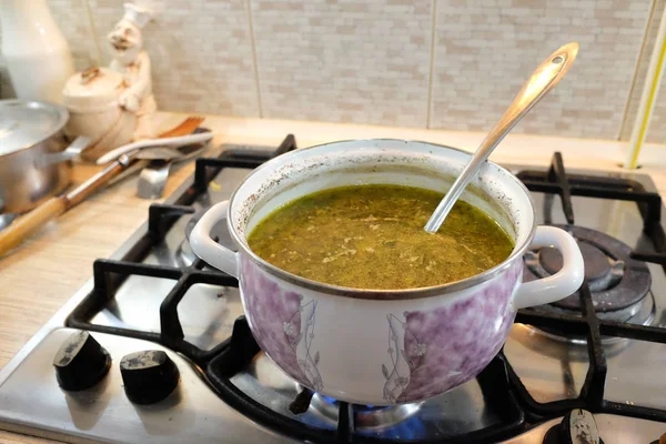 Soep Een Pan Kokende Soep Zelfgemaakte Gerechten — Stockfoto