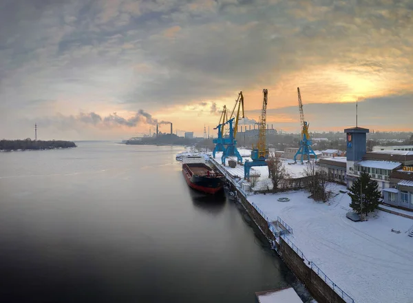 Winter Landscape Snow River River Port Winter Big Ship Pier — Stock Photo, Image