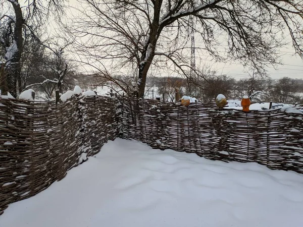 Vintage Wicker Fence Twig Fence Winter — Stock Photo, Image