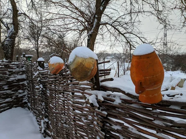 Vintage hasır çit, kışın dal çit
