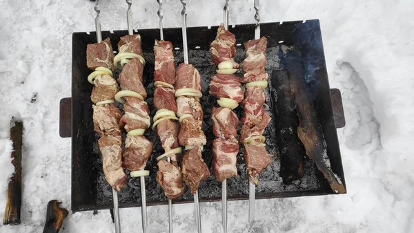 美味的烤肉在火上 在冬天的什什烤肉串 烹饪肉 — 图库照片