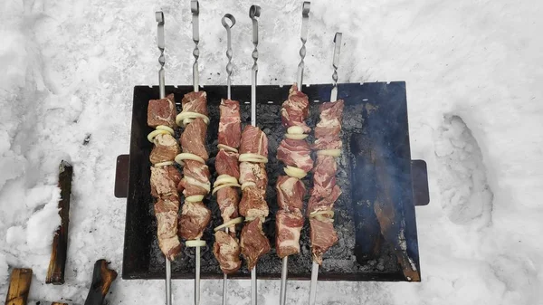 Sabrosa Carne Parrilla Fuego Shish Kebab Invierno Cocinar Carne — Foto de Stock