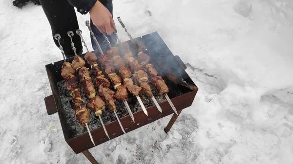 Carne Grelhada Saborosa Fogo Prato Carne Shish Inverno Cozinhar Carne — Fotografia de Stock