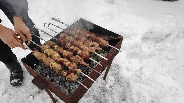 Tasty Grilled Meat Fire Shish Kebab Winter Cooking Meat — Stock Photo, Image