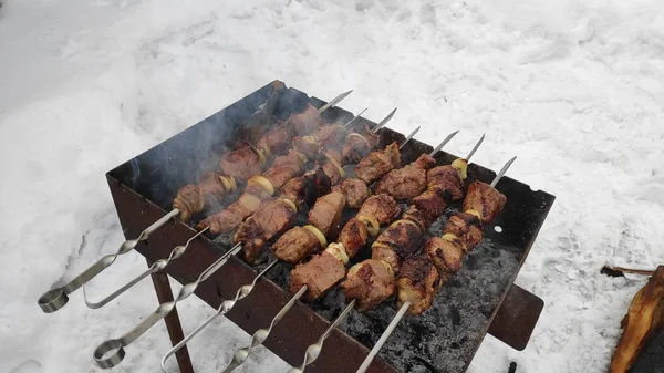 Νόστιμα Ψητά Κρέατα Στη Φωτιά Σουβλάκι Χειμώνα Μαγείρεμα Κρέατος — Φωτογραφία Αρχείου