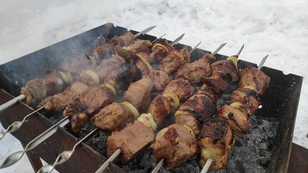 Sabrosa Carne Parrilla Fuego Shish Kebab Invierno Cocinar Carne — Foto de Stock