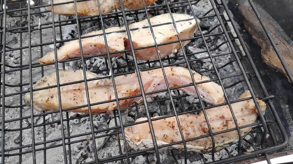 Vissen Het Vuur Vis Van Barbecue Mooie Smakelijke Stukjes Vis — Stockfoto