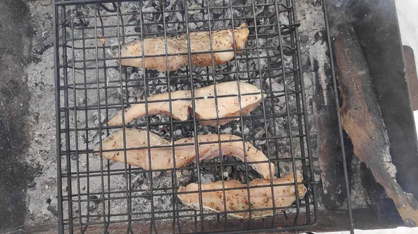 Vissen Het Vuur Vis Van Barbecue Mooie Smakelijke Stukjes Vis — Stockfoto