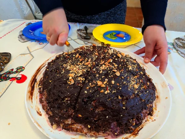 Heerlijke Chocolade Cake Zelfgemaakte Cake — Stockfoto