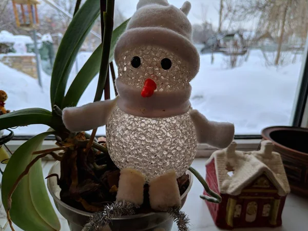 Toy Snowman Window Winter — Stock Photo, Image