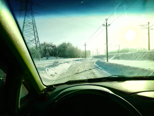 Kör Bil Vinterväg Vinterväg Inuti Bil Massa Snö — Stockfoto