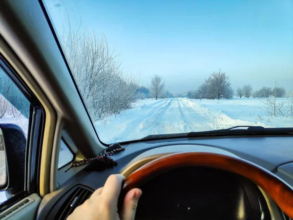 Kör Bil Vinterväg Vinterväg Inuti Bil Massa Snö — Stockfoto