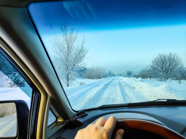 Kör Bil Vinterväg Vinterväg Inuti Bil Massa Snö — Stockfoto