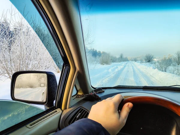 Kör Bil Vinterväg Vinterväg Inuti Bil Massa Snö — Stockfoto