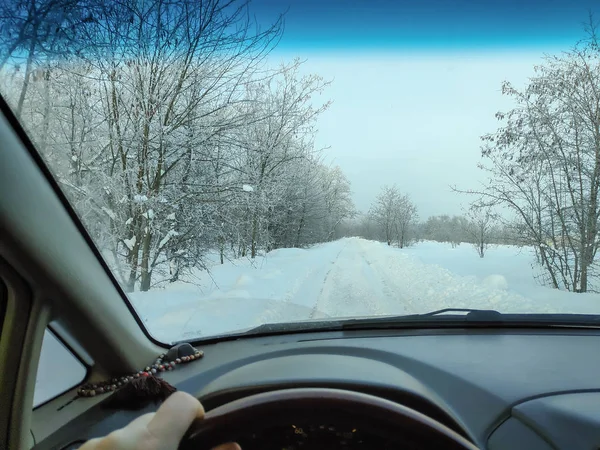 Guida Macchina Una Strada Invernale Strada Invernale Dentro Una Macchina — Foto Stock