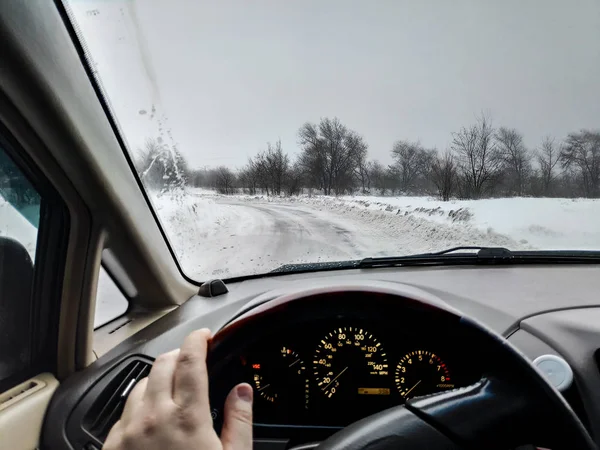 Inne Bilen Vinterväg Snön Åka Bil Massa Snö Körning — Stockfoto