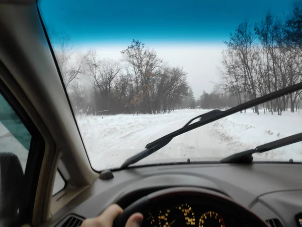 Uvnitř Auta Zimní Silnice Sněhu Cestování Autem Hodně Sněhu Jízda — Stock fotografie