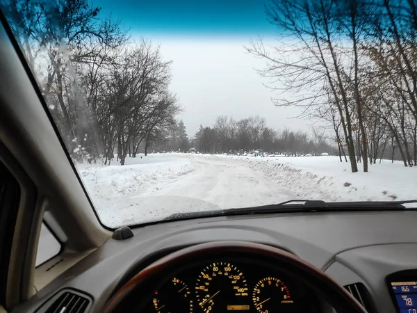 Inne Bilen Vinterväg Snön Åka Bil Massa Snö Körning — Stockfoto