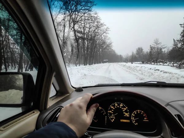 Inne Bilen Vinterväg Snön Åka Bil Massa Snö Körning — Stockfoto