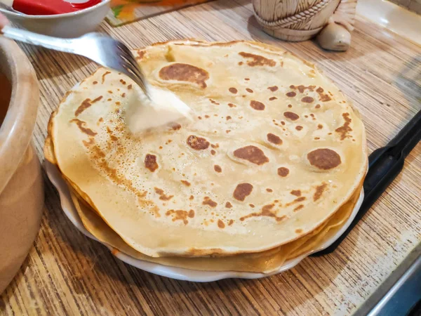 Läckra Pannkakor Matlagning Pannkakor Pannkakor Stekpanna — Stockfoto